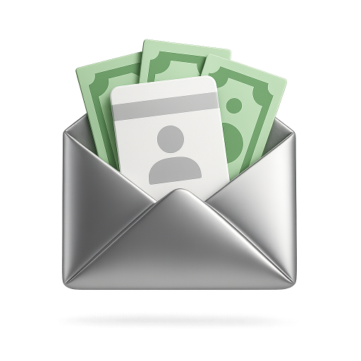 PayMe illustration of an open envelope holding cash and an ID card